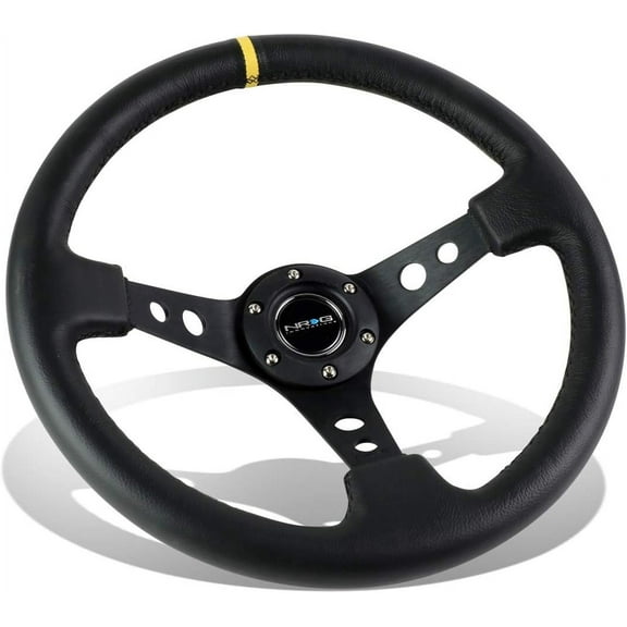 NRG Steering Wheel - 06 (Deep Dish) - 350mm (13.78 inches) - Black Leather with Black Spokes/Yellow Stripe - Part # ST-006BK-Y by NRG Innovations