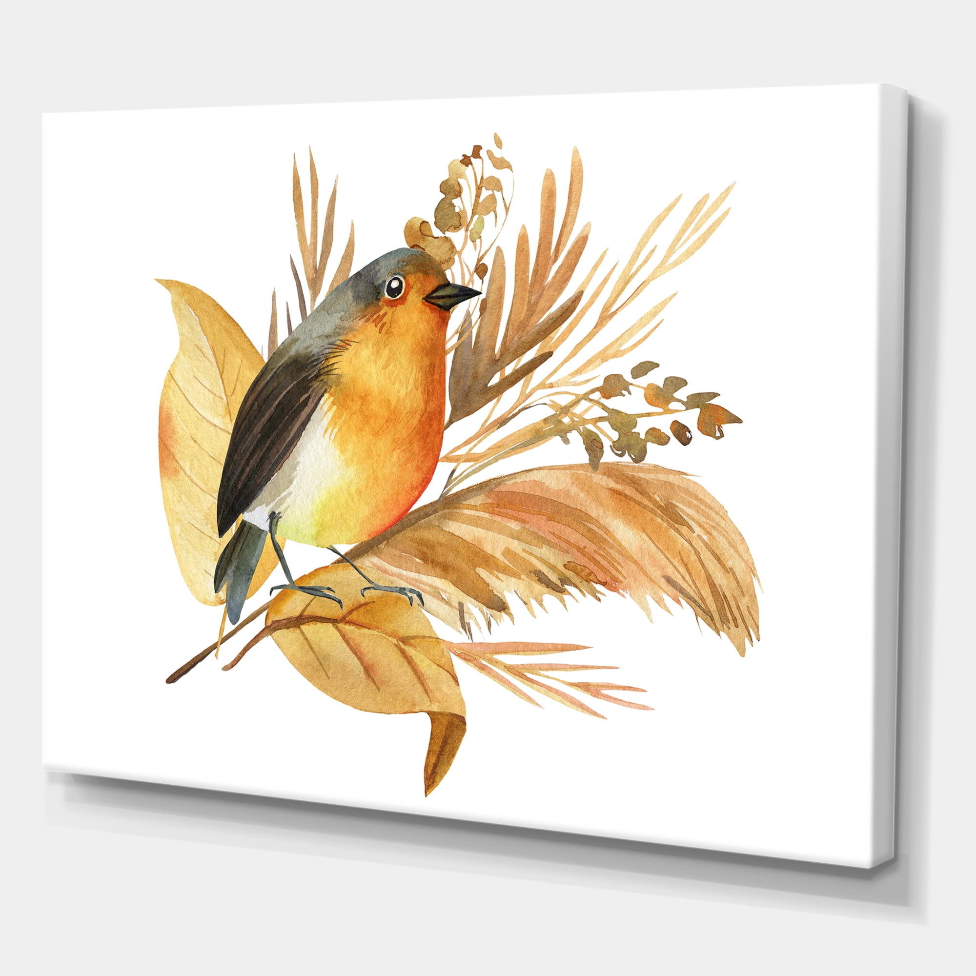 Designart ' Autumn Flowers and Robin Bird ' Traditional Canvas Wall Art Print