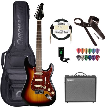 Sawtooth ES Series Electric Guitar Travel Bundle with Portable 10-Watt Amp, ChromaCast Pro Series Bag, Cable, Tuner & Picks, Sunburst w/ Vanilla Cream Pickguard