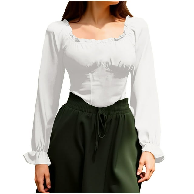 Blouse Smockée à Manches Longues Unie avec Corset à la Taille pour Femmes