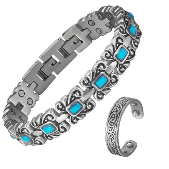 Metaljc Stainless Steel Magnetic Bracelet & Copper Ring Set for Women with Turquoise Stone