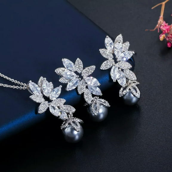 Cubic Zircon Flower Drop Gray Pearl Necklace Earrings Silver Plated Jewelry Sets