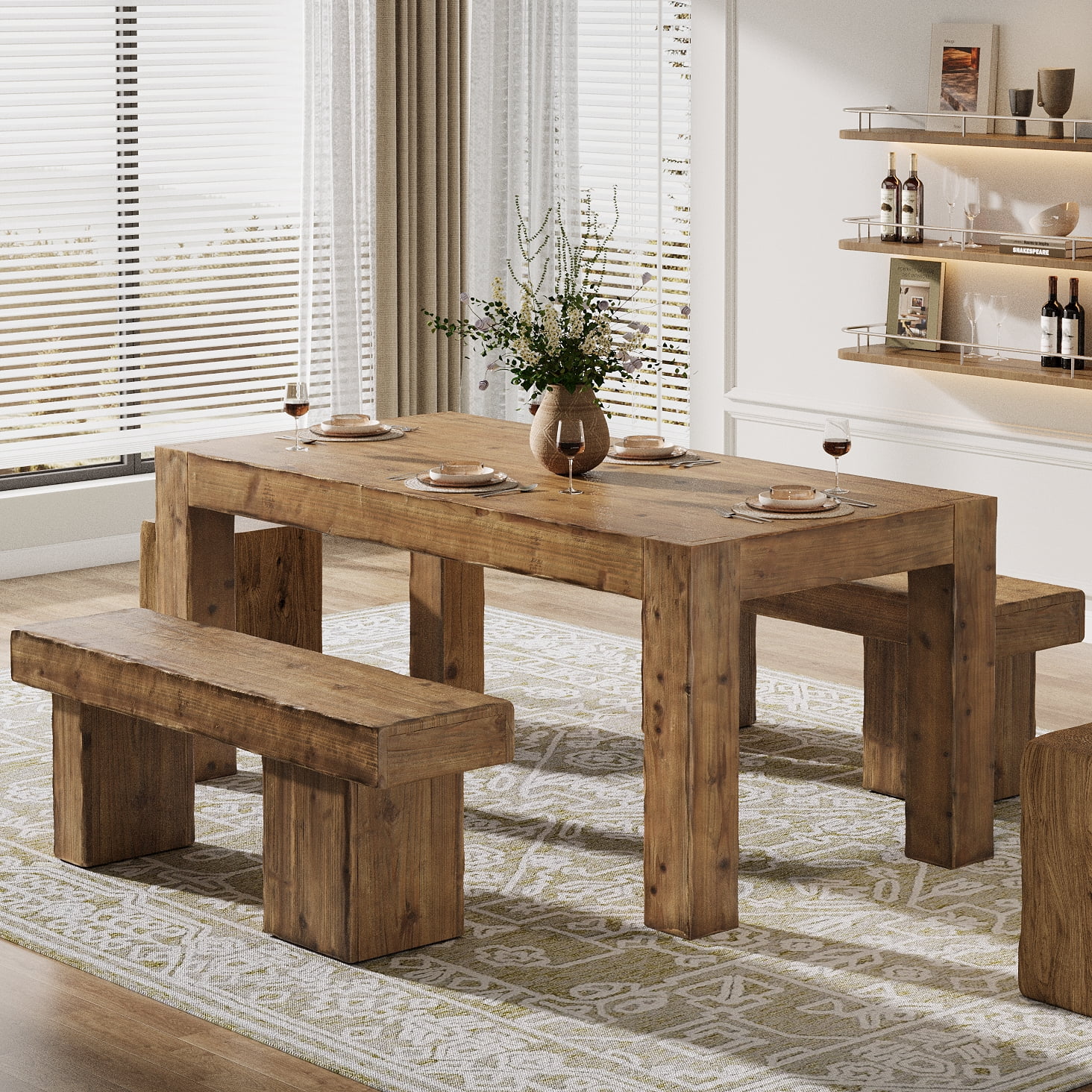 Tribesigns  Solid Wood Dining Table for 4-6 People, 63 Inch Rectangle Farmhouse Table for Kitchen, Dining Room, Rustic Brown
