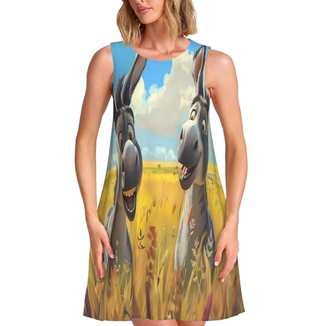 Fotbe Funny Countryside Donkey Vestido de Verano sin Mangas para Mujer – Vestido Midi Línea A, Estilo Camiseta Floral, Vestido Playero Casual y Fluido