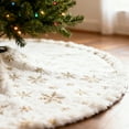 thumbnail image 4 of White Faux Fur Christmas Tree Skirt 24 Inches, Mini Xmas Tree Mat with Gold Sequin Snowflakes, Soft Plush Small Tree Skirt for Holiday Home Decorations, New Year Party & Winter Wonderland Décor, 4 of 5