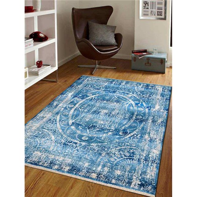 5 ft. x 7 ft. 10 in. Oriental Machine Woven Crossweave Polyester Rectangle Area Rug, Blue