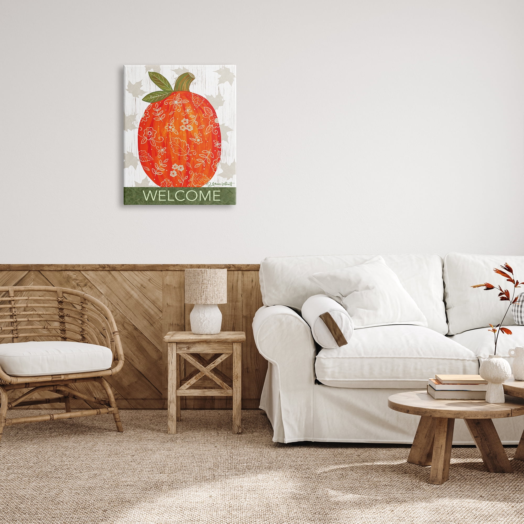 Stupell Industries Patterned Autumn Botanicals Pumpkin Welcome Sign Graphic Art Gallery Wrapped Canvas Print Wall Art, Design by Annie LaPoint