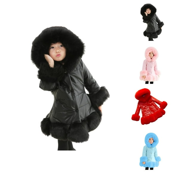 Girls Clothing Girls Jackets Kids Little Girl's Thicken Coat Winter Warm Faur Leather Button Down Jacket With Hood Long Sleeve Outerwear