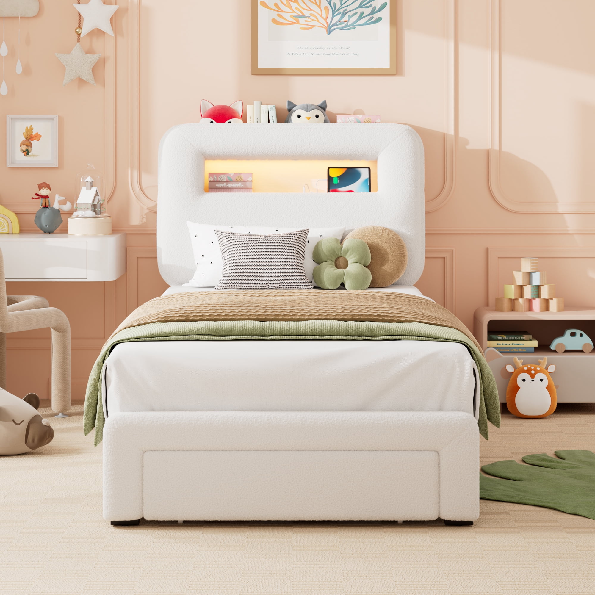 Miniyam Twin Bed with Storage Drawer, Sherpa Upholstered Headboard, LED Light & USB Charging for Kids