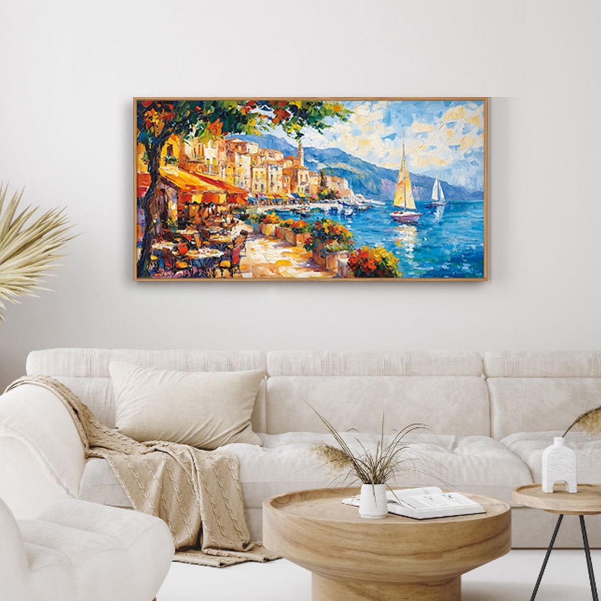TOARTi Italian Town Framed Canvas Wall Art Abstract Mediterranean Coastal Cityscape Painting Italy Wall Decor for Living Room Bedroom Office 20x40 Inch