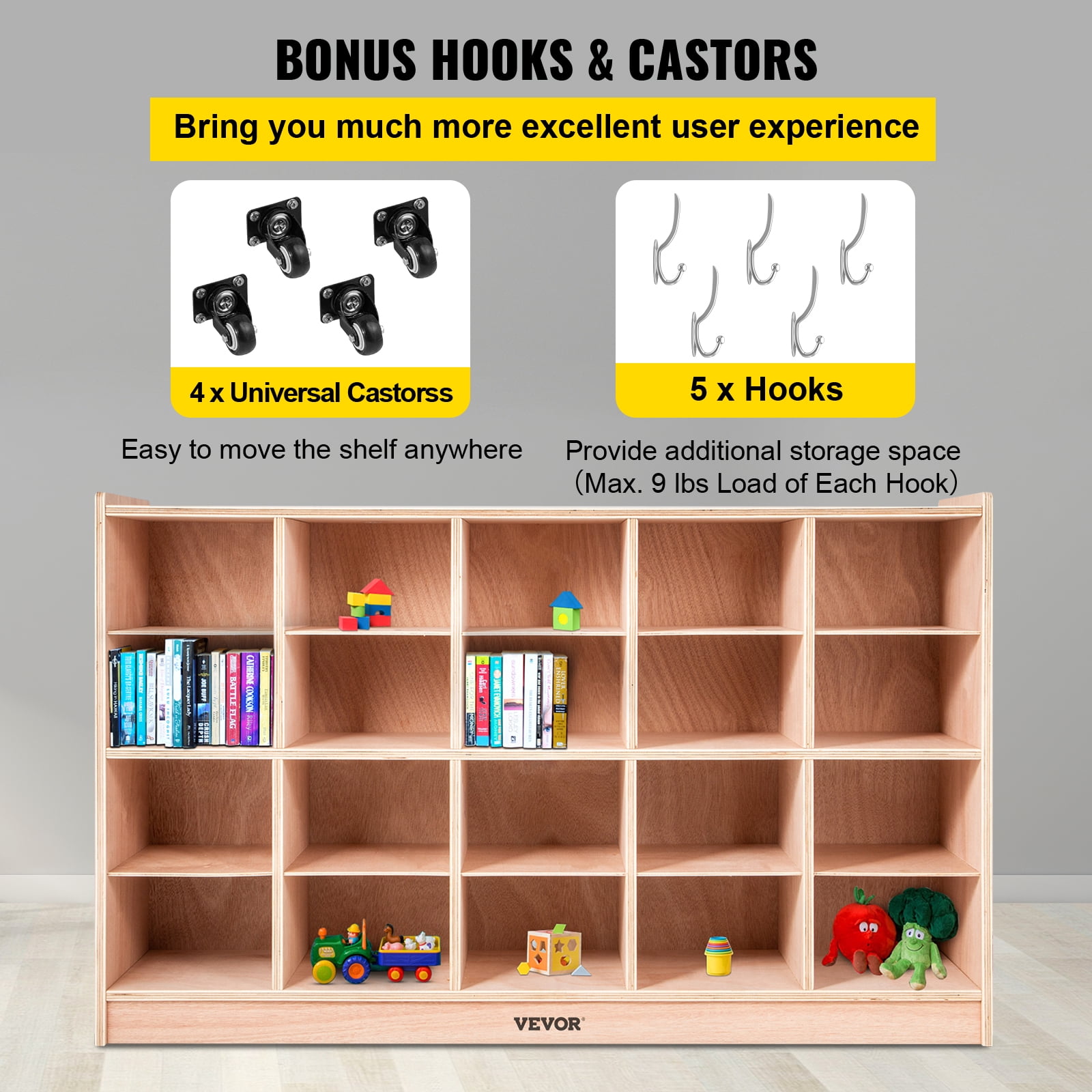 VEVOR 20 Grids Classroom Storage Cabinet Preschool Wooden Cubby Organizer W/ Casters 30 inch High Plywood Wooden Cubbies for Classroom