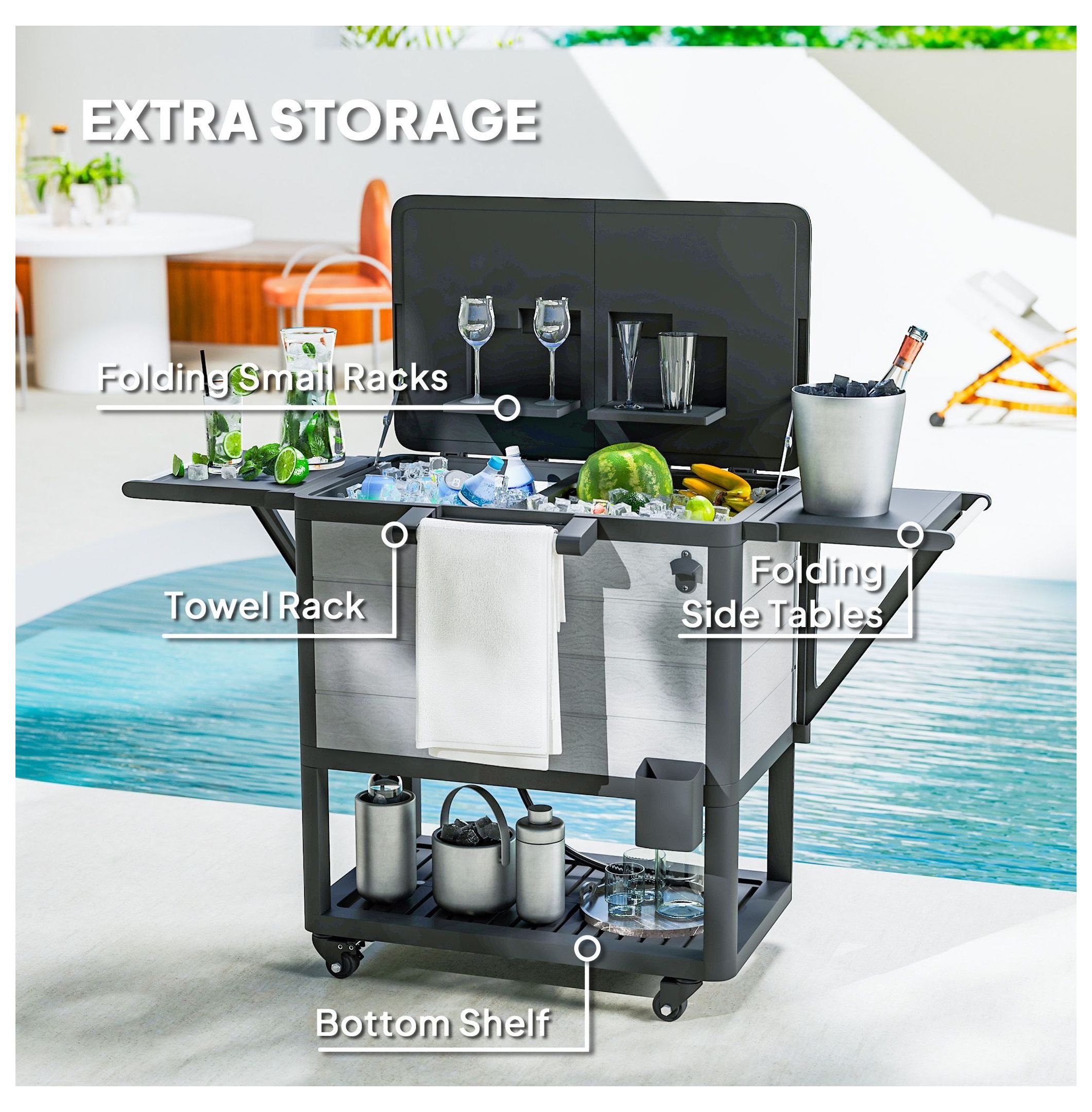 104 Quart Cooler Cart, Outdoor Rolling Ice Chest with Bottle Opener & Wheels - Large Capacity Patio Cooler for Parties, Gray