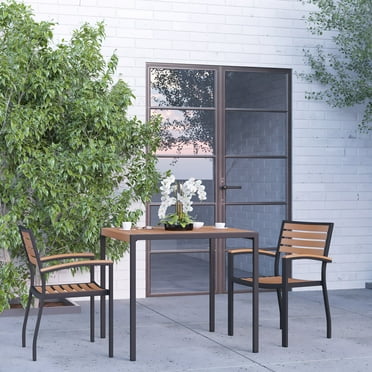 Merrick Lane Three Piece Faux Teak Patio Dining Set for Indoor and Outdoor Use - 35" Square Table and Two Club Chairs