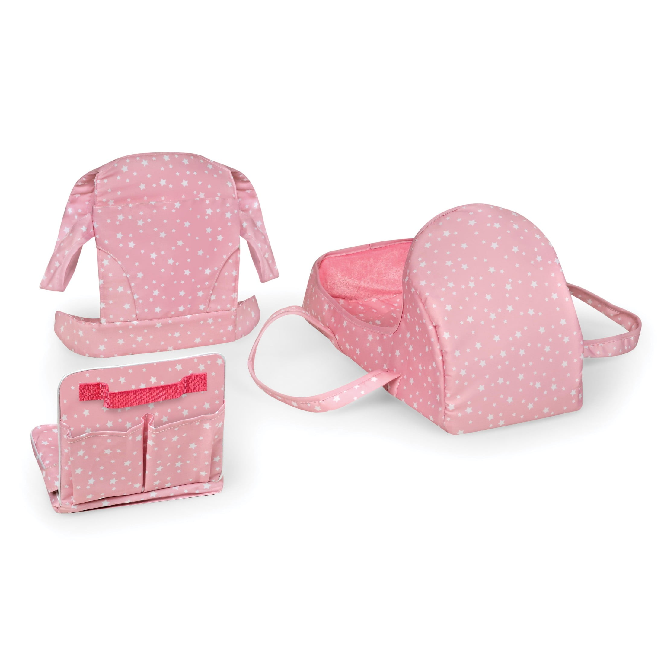 Badger Basket On-the-Go Set with Doll Booster Seat, Travel Bed & Carrier for 18 inch Dolls - Pink
