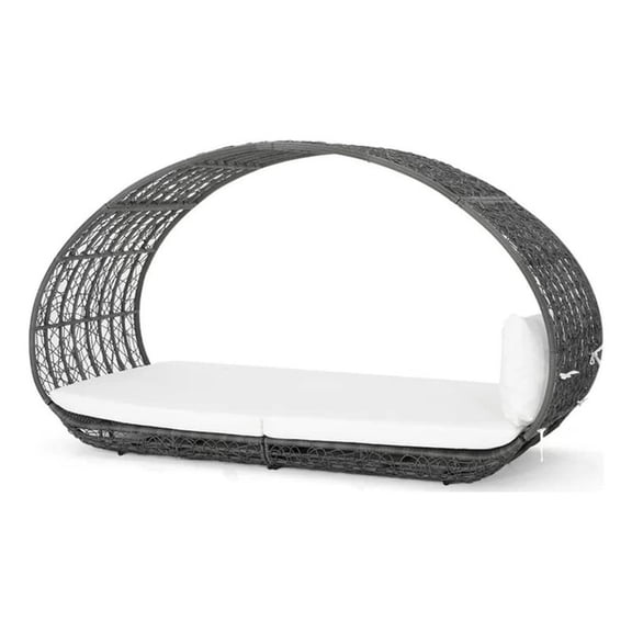 Benjara Outdoor Canopy Daybed- Gray Faux Rattan Frame with Off White Cushions