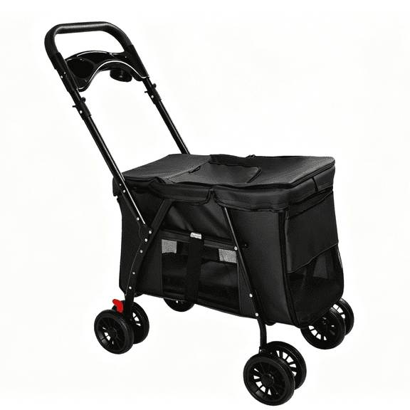 4 Wheel Pet Stroller for Small Medium Dogs and Cats, Foldable Dog Stroller with Breathable Mesh Windows, Shockproof Wheels, Brake System, Storage Basket and Safety Leashes, Black
