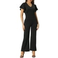 thumbnail image 1 of INSPIRAR CHIC Mono de V Cuello para Mujeres, Cintura Alta, Con Volantes, Manga Corta Casual Elegante, Mono Largo de Pierna Ancha, Negro M, 1 of 6