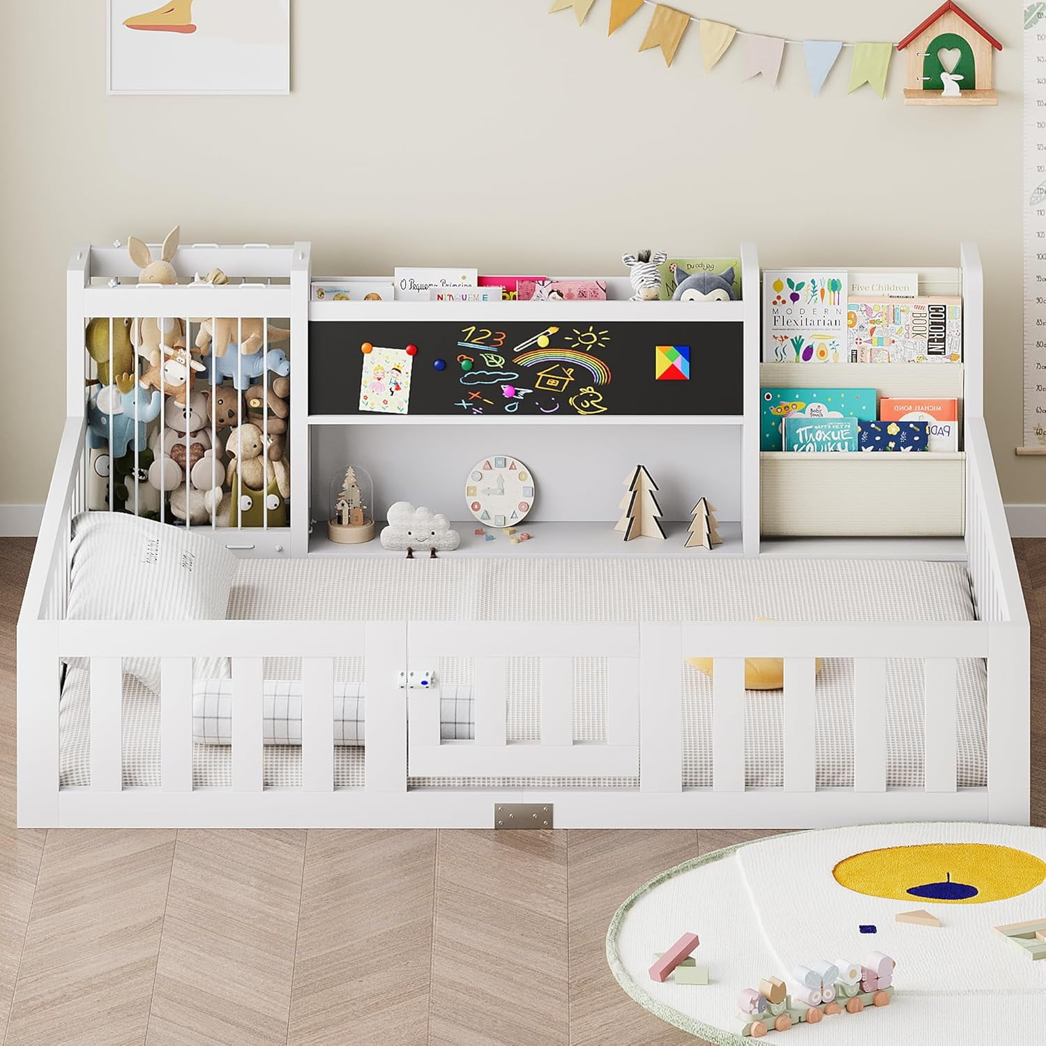 Advwin Twin Floor Bed with  Gate, Safety Rails, Blackboard, Bookshelf & Toy Storage, Sturdy Wooden Platform Bed Frame, White