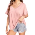 thumbnail image 5 of Summer Rolled Short Sleeve Women V-neck Solid Color Casual Loose T-shirt Tops, 5 of 7