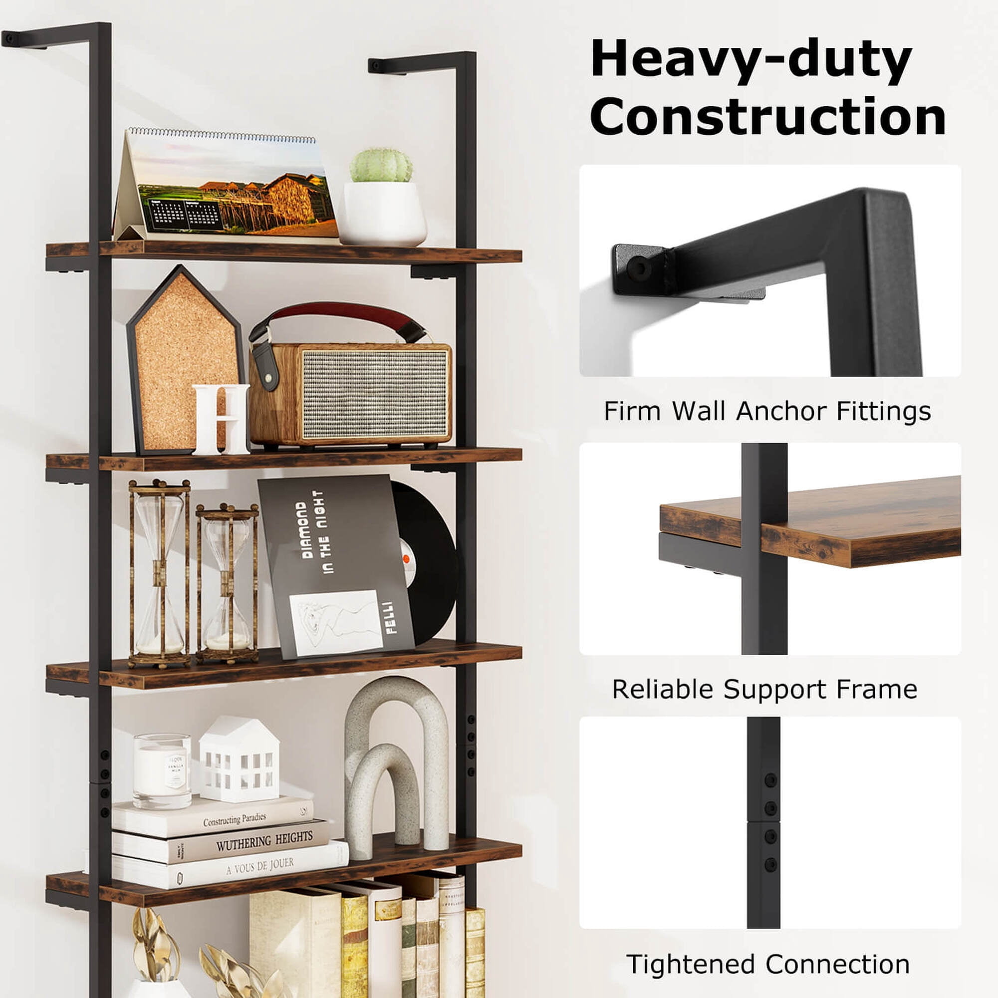 Costway 6-tier Ladder Shelf 72 Inches Industrial Wall Mounted Bookshelf Brown