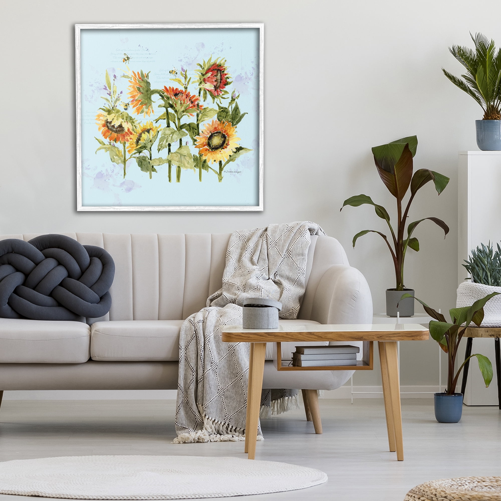 Stupell Industries Sunflowers & Bee on Blue White Framed Giclee Art, design by Susan Winget