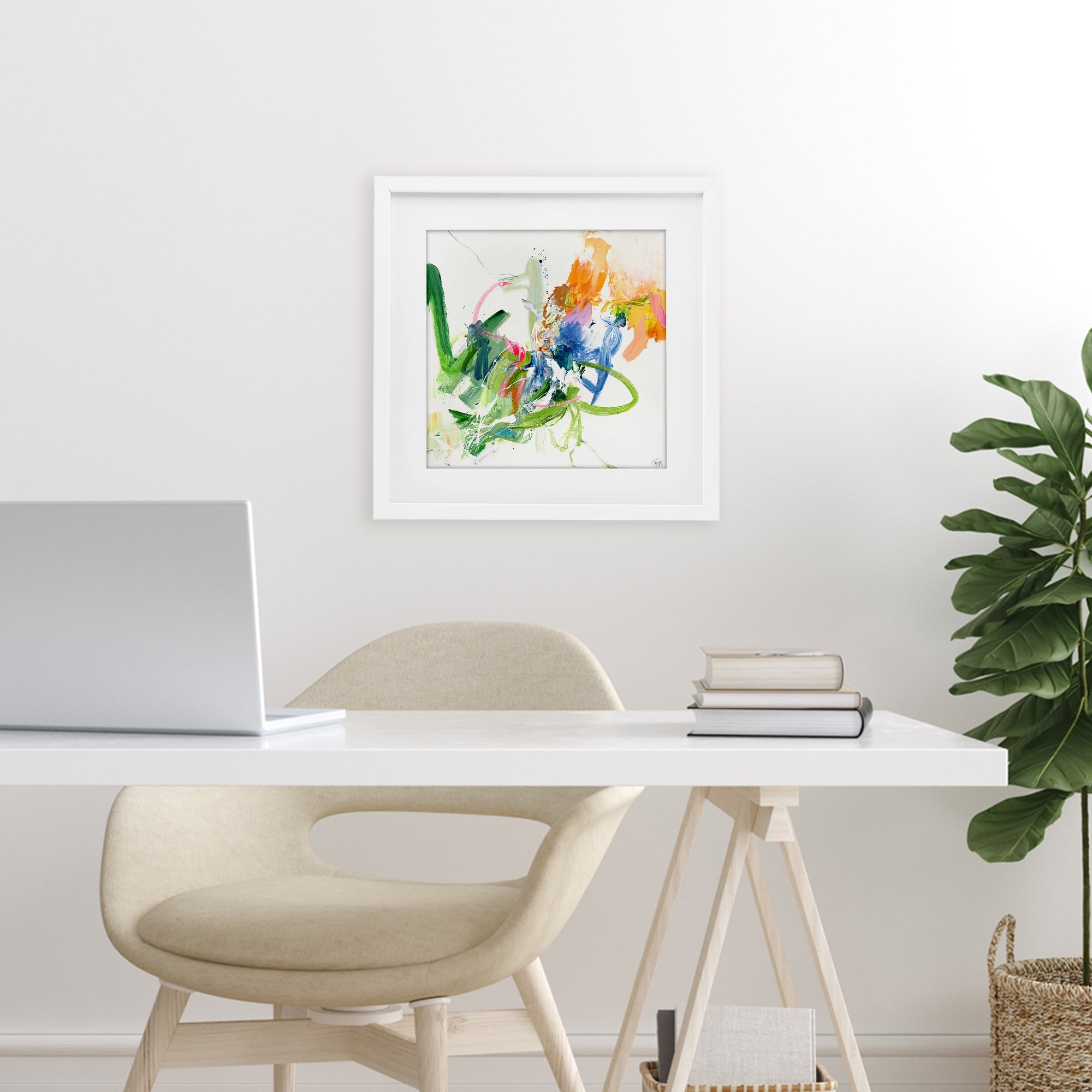 Confident Green Abstraction White Framed Print Under Glass, design by Design Fabrikken