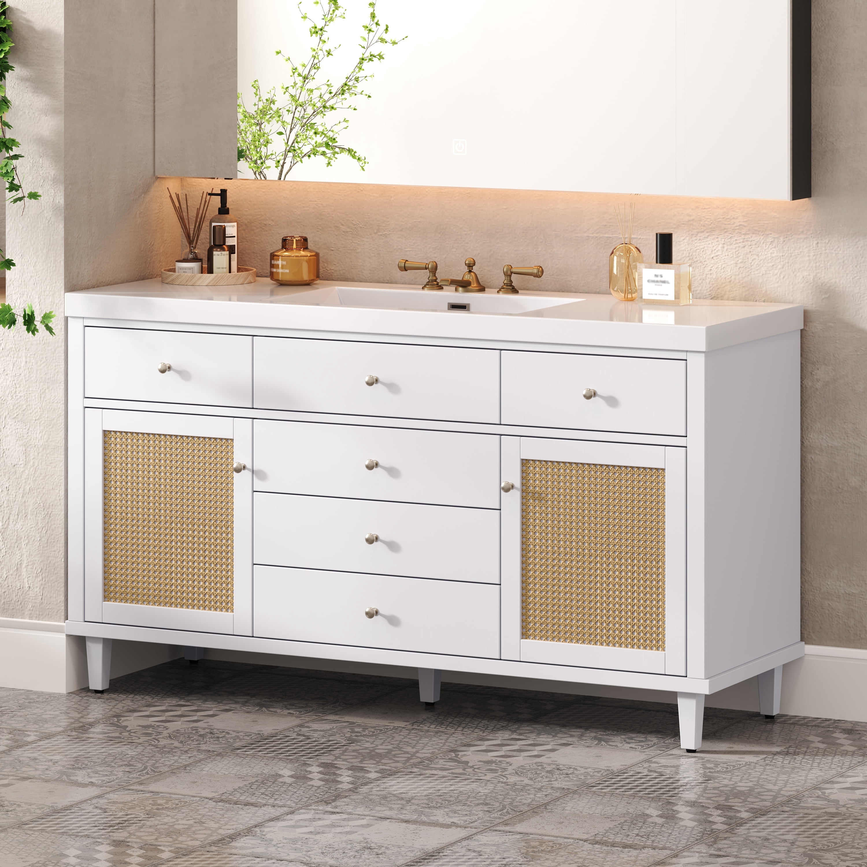 Euroco 60" Bathroom Vanity with SMC Sink, Modern Large Storage Bathroom Storage Cabinet with Soft Close Drawers and Rattan Doors, Silver Metal Knobs and 5 Pine Legs, White