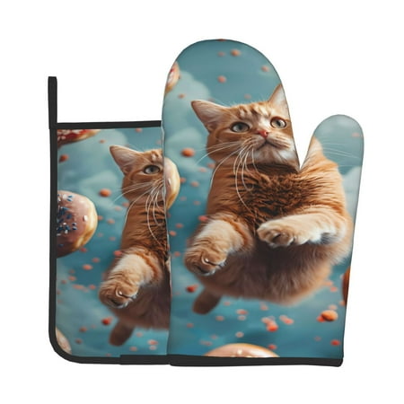 

Junzan Floating Cat And Donuts Pattern Oven Mitts and Pot Holders 2 pcs Set Potholders BBQ Gloves Long Kitchen Oven Glove for Cooking Baking Grilling (2-Piece Set 11 Inch)