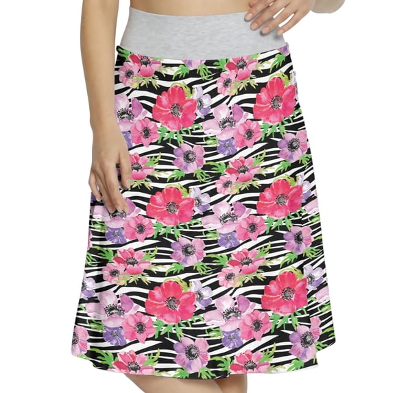 Women's Zebra Print Tropical Flowers Garden A-line Printed Skirt Casual Wear, S, White Black Pink, by Ambesonne