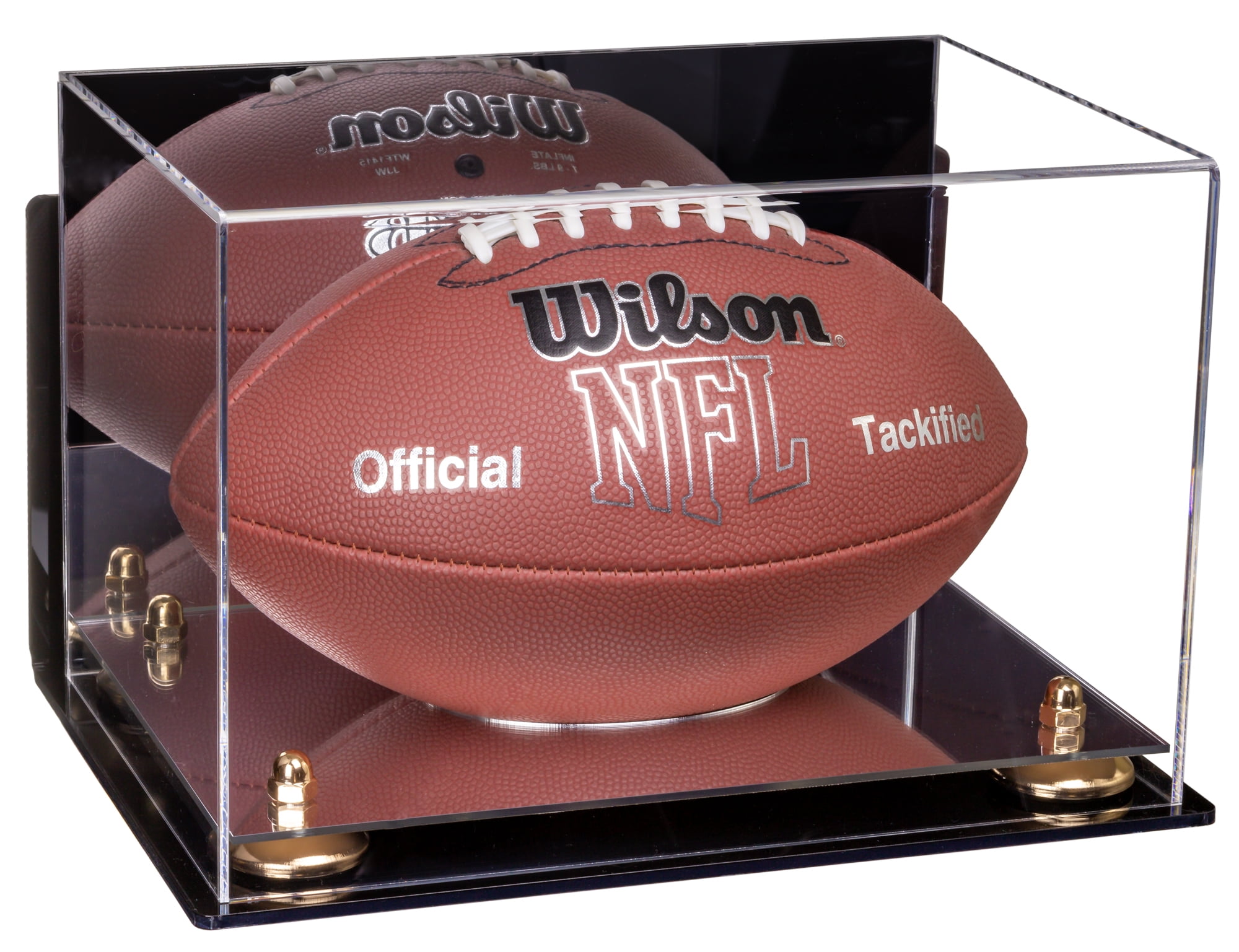 Acrylic Football Display Case with Mirror, Wall Mount, Gold Risers and Mirror Base (A004GR