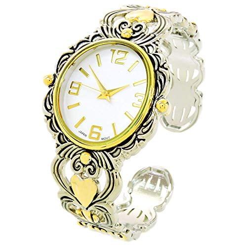 2Tone Metal Decorated Large Oval Face Women's Bangle Cuff Watch