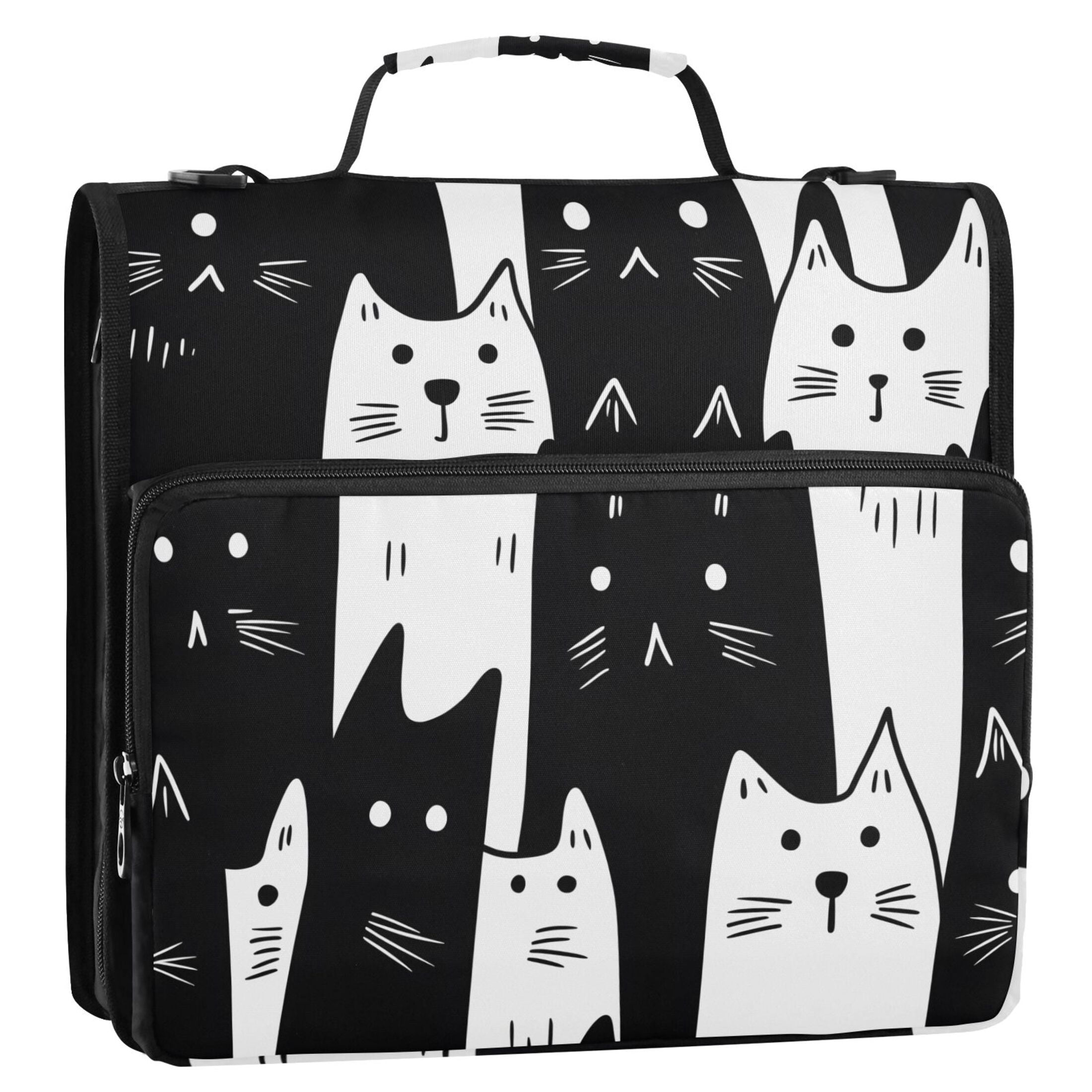 3 Ring Zipper Binder with Shoulder Strap Waterproof Trapper Keeper 2 Inch D-Ring 500 Sheets Capacity White Black Cat