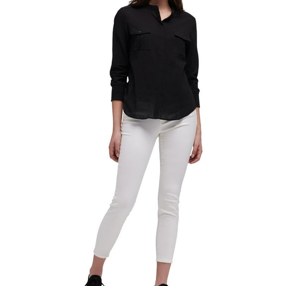 DKNY Womens Solid Button Up Shirt, Black, X-Small