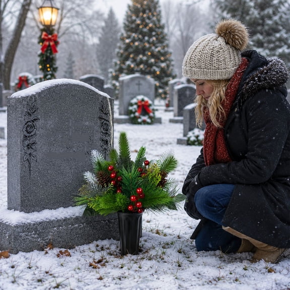 Christmas Cemetery Flower Stake with Vase and Artificial Flowers, Memorial Grave Decoration for Cemetery and Outdoor Tribute Display