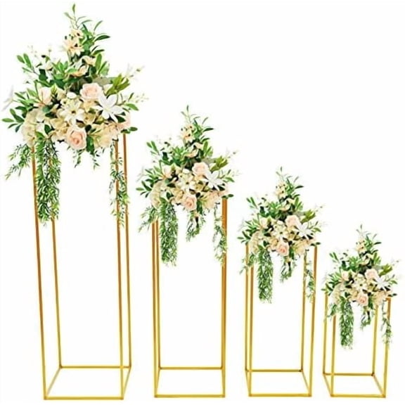 4pcs Metal Flower Floor Vase Column Flower Stand Geometric Centerpieces Vase for Tables, Gold Flower Holder for Home Party Wedding Decorations, Rectangular Flower Display Rack 15.7/23.6/31.5/39.4in