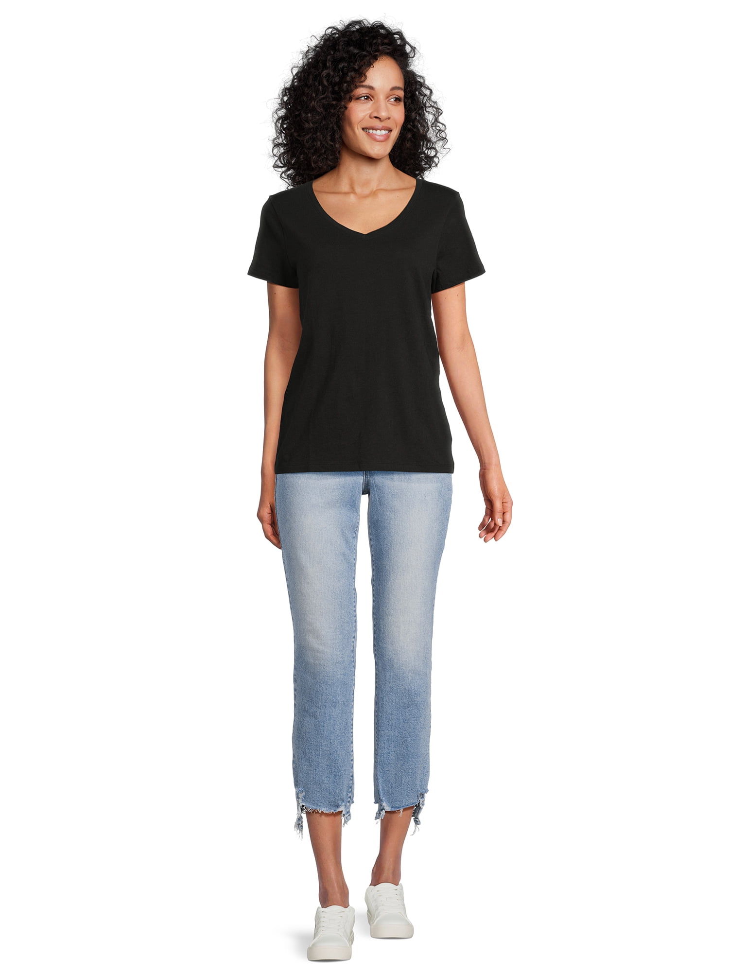 Time and Tru Women's Cotton V-Neck Tee with Short Sleeves, Sizes XS-XXXL
