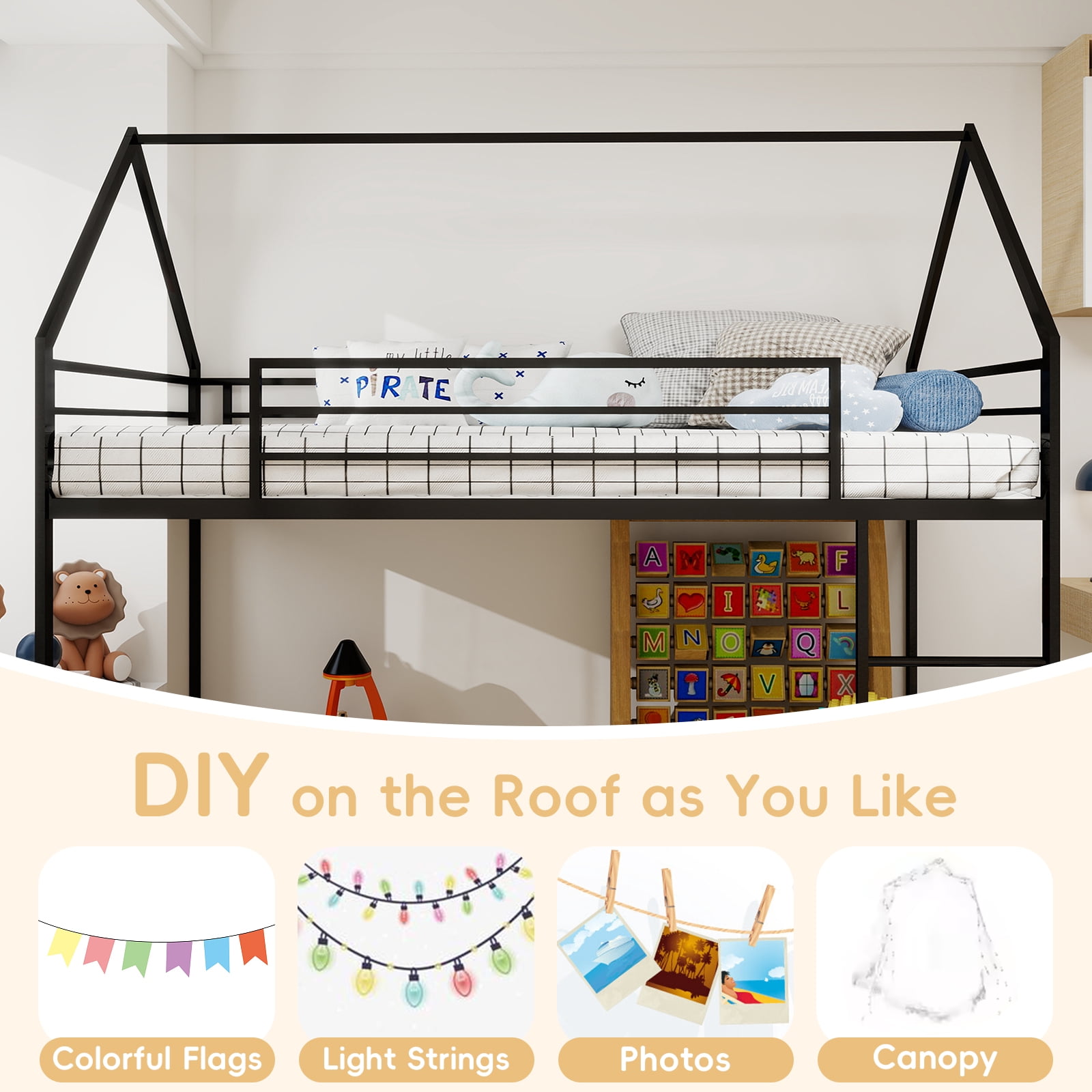 Yoneston Kids Twin Over Twin House Bunk Bed, Metal Twin Size Bunk Bed with Full-Length Guardrail and Ladder for Boys Girls Teens, Easy Assembly, Black