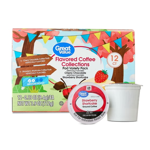 Great Value Flavored Coffee Collections Pod Variety Pack, Cherry Chocolate and Strawberry Shortcake, 3.9 oz, 12 Count