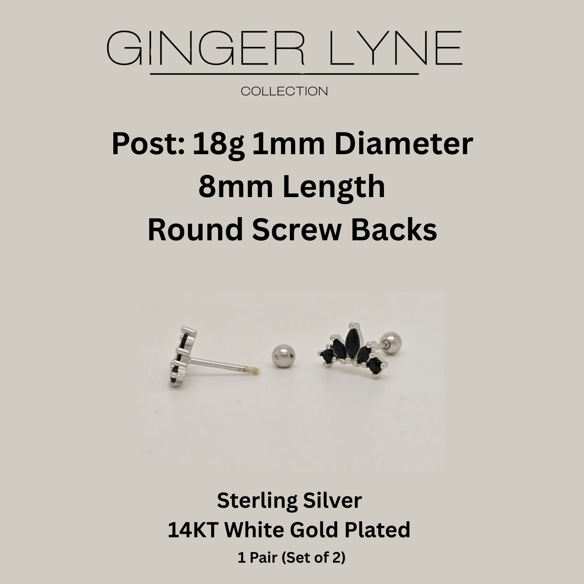 Black Marquise CZ Flat Back Earrings for Cartilage Helix Tragus Lobe 18g Sterling Silver 1 pair by Ginger Lyne