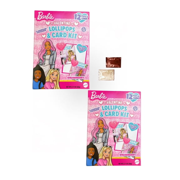 (2 set) Barbie  Valentine's Day Lollipops & Cards Kit, Strawberry Flavor Candy,  (24 Pops & Cards) Classroom Exchange, Party Supplies Bonus Sugutti