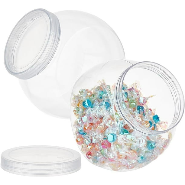 2 tarros de plástico redondos para caramelos, 2,1 l/74 oz, transparentes, para galletas, con tapa, transparentes, para detergente de ropa, para bufé de cocina, para aperitivos, 4,3 x 7,1 x 6,9