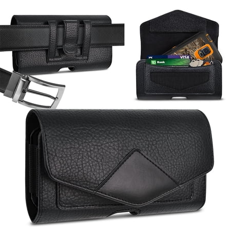 EBIZCITY Cell Phone Holster for iPhone 14 13 12 11 Pro Max, XR, XS Max, Samsung Galaxy S21 FE S20 S22 Ultra A03S A12 A13 A53 A32 A52 A21 Leather Belt Clip Loops Card Holder Pouch Case, Black