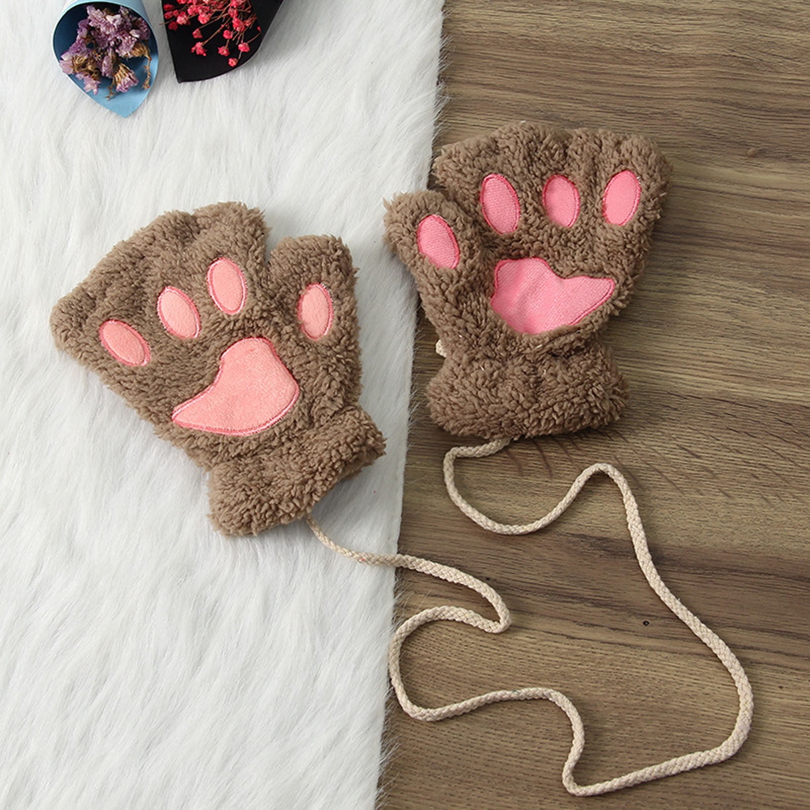 Lilgiuy Women's Thermal Fingerless Gloves Cute Cat Claw Bear Paw Plush