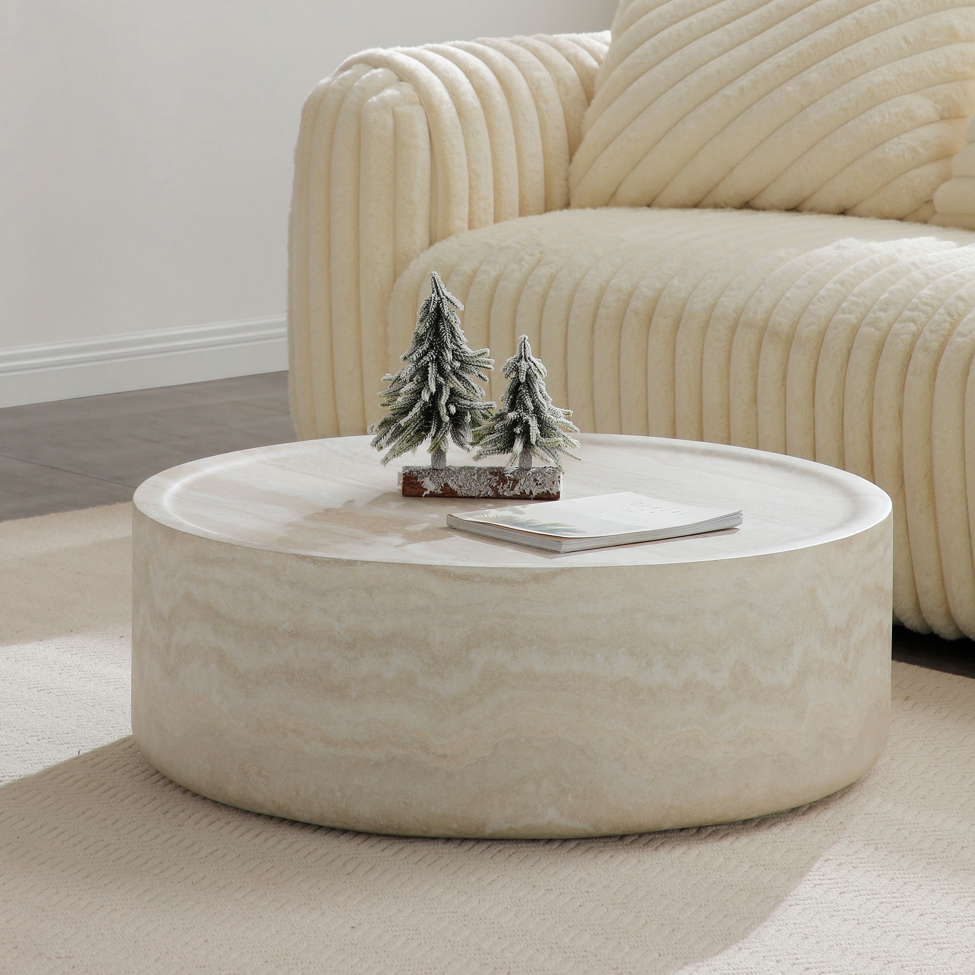Kevinplus 35.43'' Round Coffee Tables, Tea Faux Travertine Textured Table for Living Room
