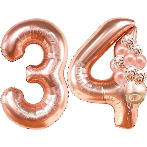 12Pcs Rose Gold 34th Birthday Party Decorations 32Inch Number 34 Foil Balloons 12Inch Latex Confetti Balloons for 34 Year Old Women Lady Birthday Anniversary Party Home Decorations Supplies
