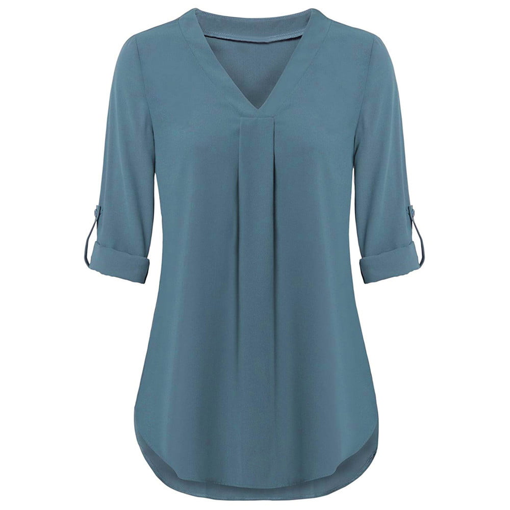 Casual Shirt for Women，Womens Long Sleeve Roll-Up Top V Neck Layered Blouses