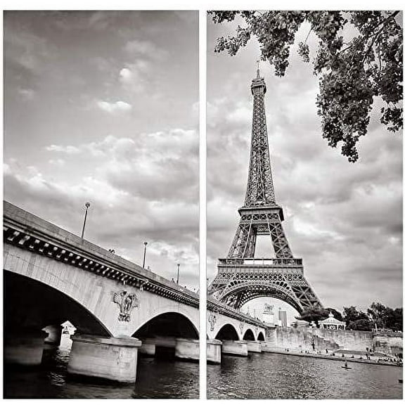 Canvas Wall Art Decor - 12x24 2 Piece Set (Total 24x24 inch)- B&W Paris Eiffel Tower - Decorative & Modern Multi Panel Split Canvas Prints for Dining & Living Room, Kitchen, Bathroom, Bedroom & Office