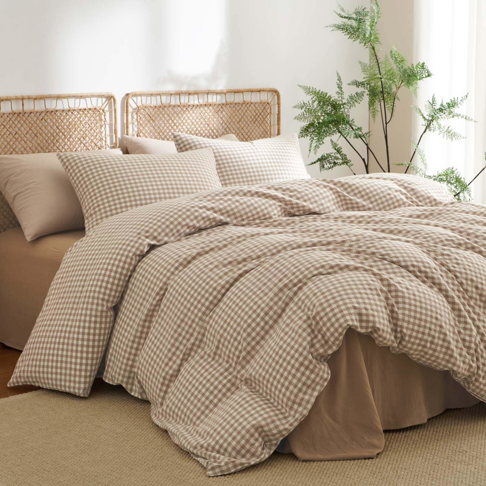 2 Pieces Khaki Gingham Duvet Cover 100% Washed Cotton Plaid Checkered Twin Duvet Cover Set Modern Grid Bedding Set with Zipper Closure Corner Ties