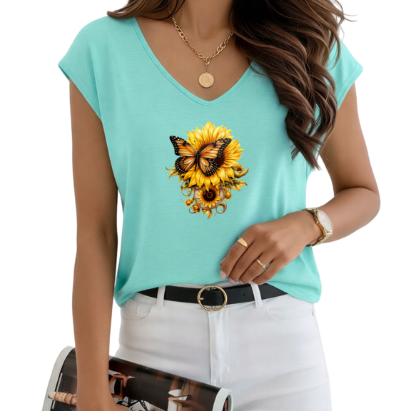 UNISHE Women's Monarch Butterfly on Sunflower Blue V-Neck Sleeveless T-Shirt Casual Tank Top