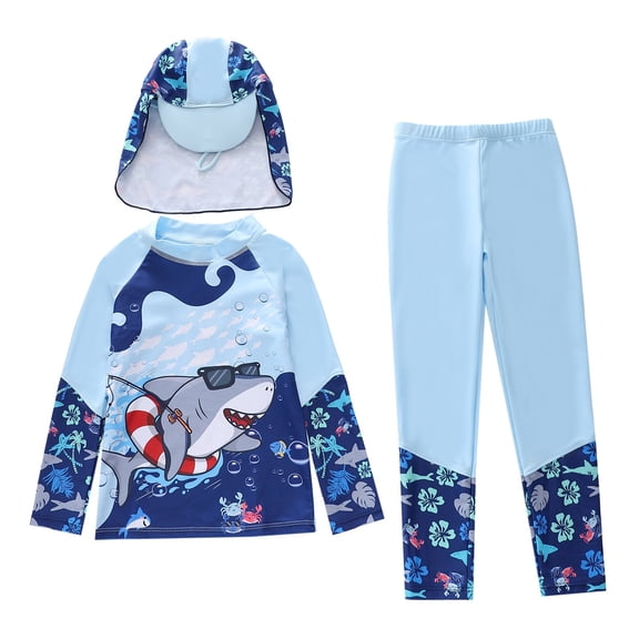WAYUTE Boys 3 Piece Swimsuit Long Sleeve Cartoon Printed Comfort Rash Guard UPF 50 Swimwear for Kids Summer Vacation